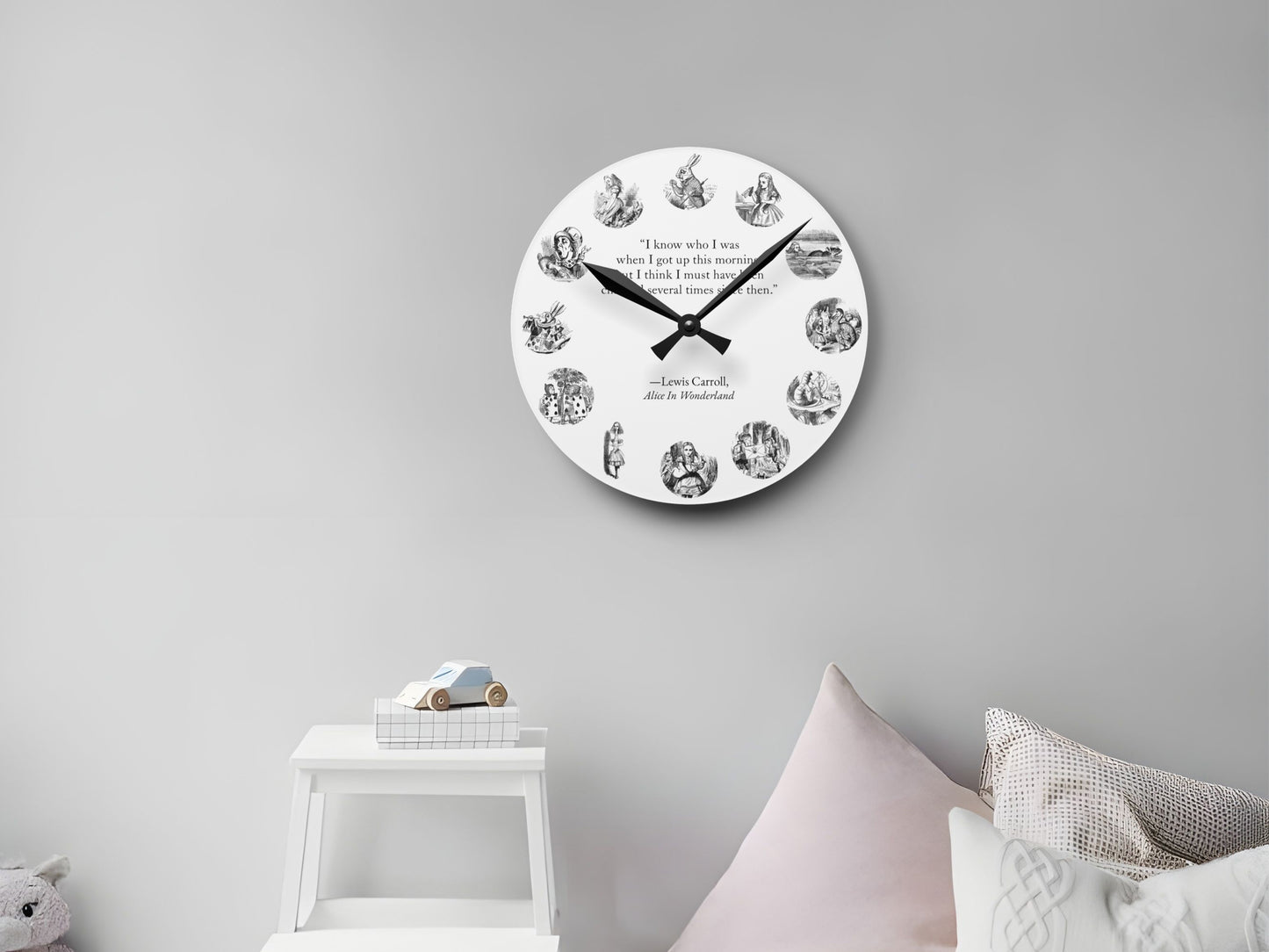 Alice in Wonderland Wall Clock – Vintage John Tenniel Illustrations & Literary Quote