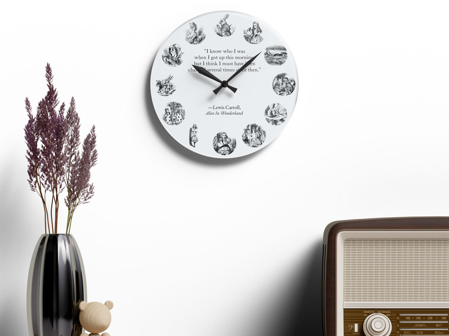 Alice in Wonderland Wall Clock – Vintage John Tenniel Illustrations & Literary Quote