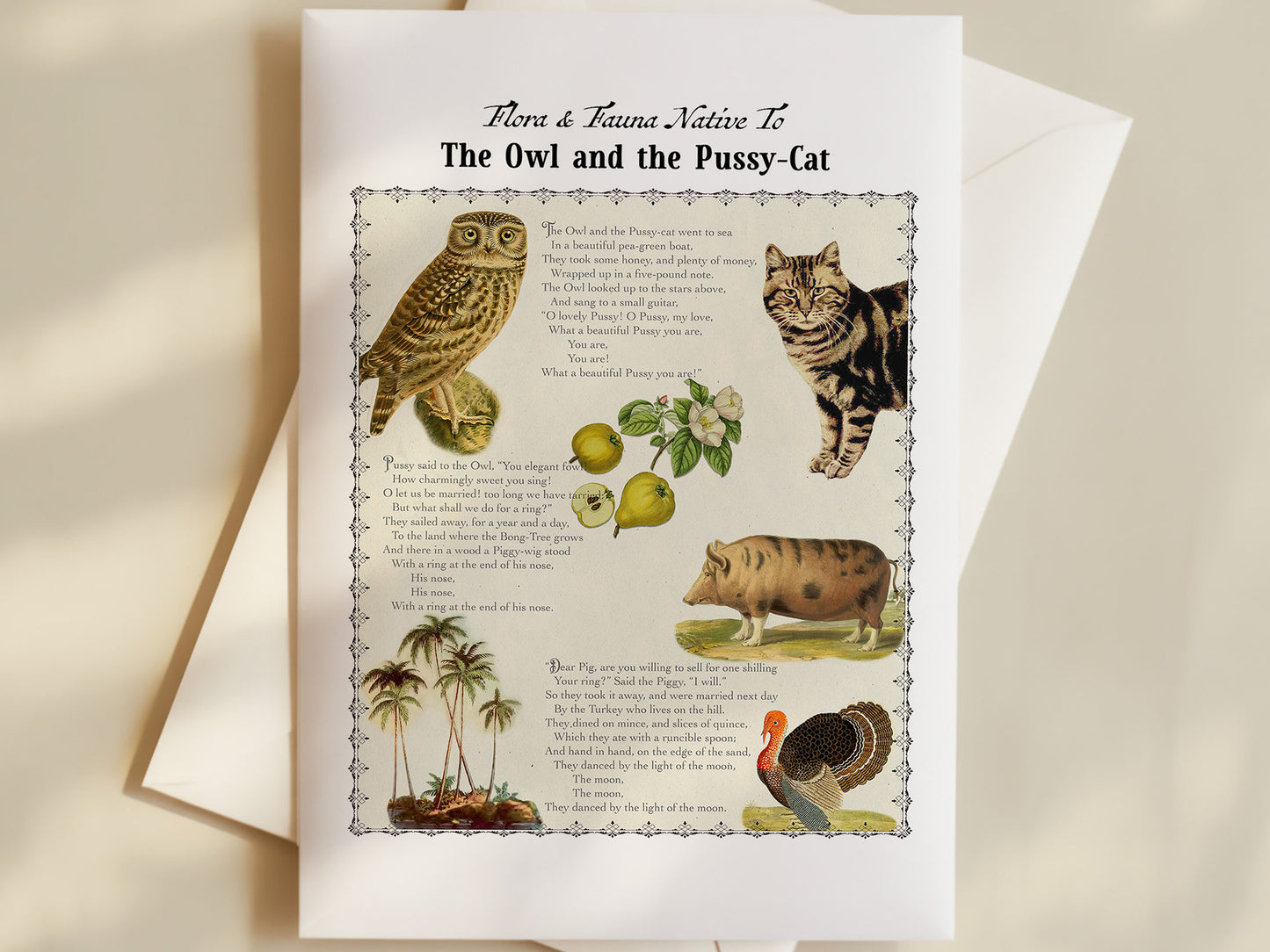 The Owl and the Pussy-cat Postcard (Set of 10 identical cards) — Vintage Natural History Collage