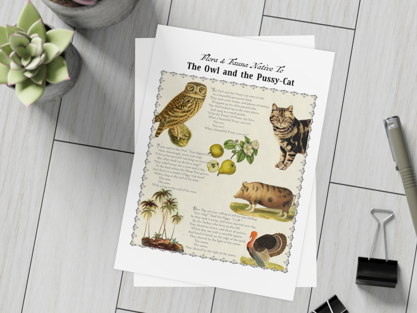 The Owl and the Pussy-cat Postcard (Set of 10 identical cards) — Vintage Natural History Collage